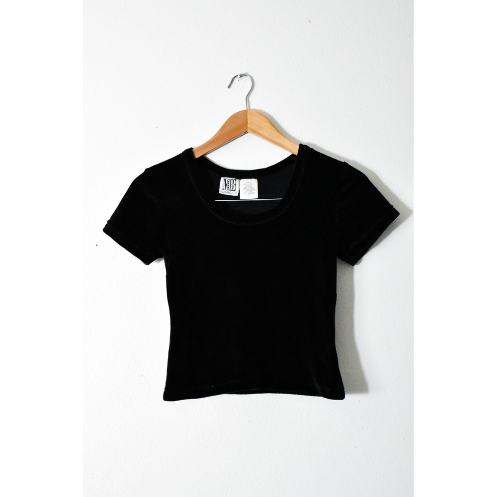 Mixed Blues Velvet Tee Women Small Black 90s Scoop Neck Short Sleeve Crop Top